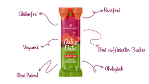 Moonvalley Bio Oats & Dates Energieriegel mit Apfel und Zimt. Vegan, glutenfrei, nussfrei, ohne Palmöl, ohne raffinierten Zucker und aus biologischen Zutaten.