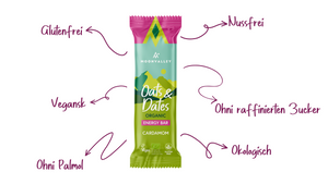 Moonvalley Bio Oats & Dates Energieriegel mit Kardamom. Vegan, glutenfrei, nussfrei, ohne Palmöl, ohne raffinierten Zucker und aus biologischen Zutaten.