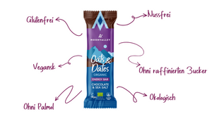 Moonvalley Bio Oats & Dates Energieriegel mit Schokolade und Meersalz. Vegan, glutenfrei, nussfrei, ohne Palmöl, ohne raffinierten Zucker und aus biologischen Zutaten.