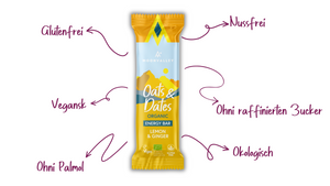 Moonvalley Bio Oats & Dates Energieriegel mit Zitrone und Ingwer. Vegan, glutenfrei, nussfrei, ohne Palmöl, ohne raffinierten Zucker und aus biologischen Zutaten.