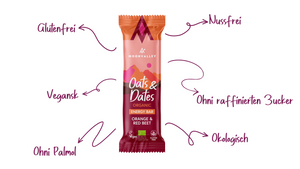 Moonvalley Bio Oats & Dates Energieriegel mit Orange und Roter Bete. Vegan, glutenfrei, nussfrei, ohne Palmöl, ohne raffinierten Zucker und aus biologischen Zutaten.
